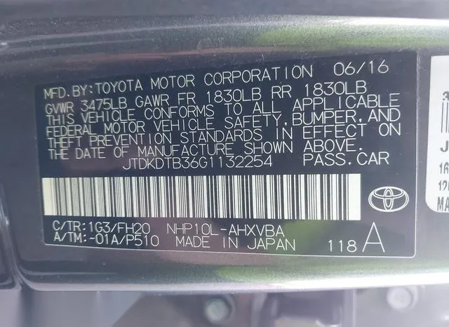 JTDKDTB36G1132254 2016 2016 Toyota Prius- C One 9