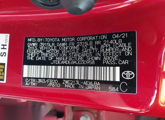 JTDEAMDE6MJ030958 2021 2021 Toyota Corolla- Hybrid Le 9