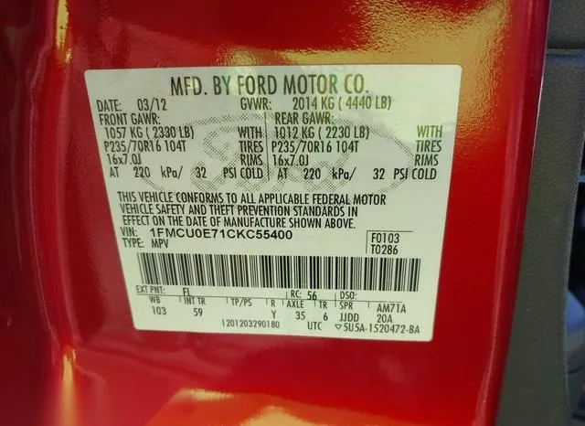 1FMCU0E71CKC55400 2012 2012 Ford Escape- Limited 9