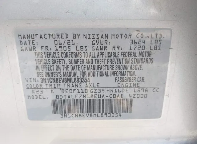 3N1CN8EV8ML893354 2021 2021 Nissan Versa- Sv Xtronic Cvt 9