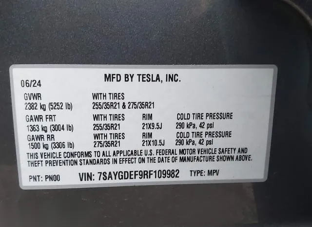 7SAYGDEF9RF109982 2024 2024 Tesla Model Y- Performance Dual 9