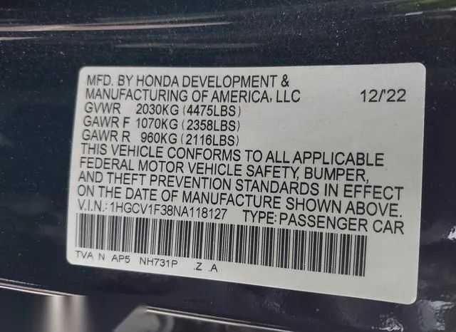 1HGCV1F38NA118127 2022 2022 Honda Accord- Sport 9