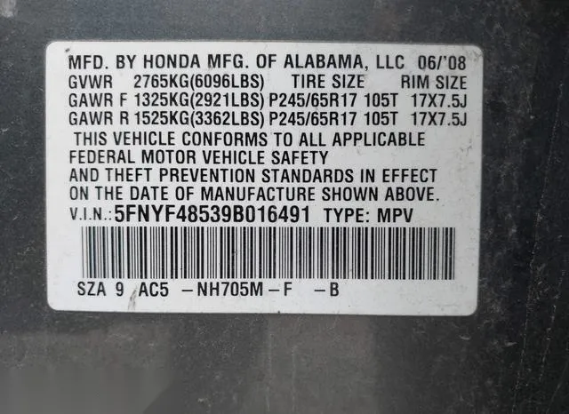 5FNYF48539B016491 2009 2009 Honda Pilot- Ex-L 9