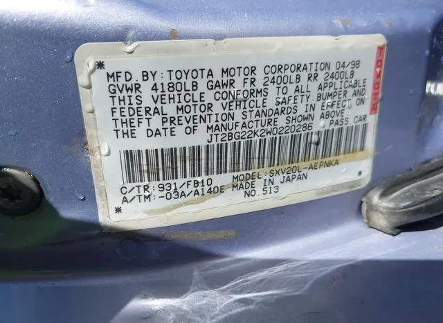 JT2BG22K2W0220286 1998 1998 Toyota Camry- LE 9