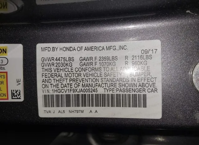 1HGCV1F9XJA005245 2018 2018 Honda Accord- Touring 9