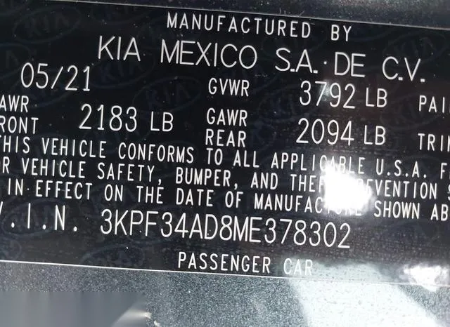 3KPF34AD8ME378302 2021 2021 KIA Forte- Gt-Line 9