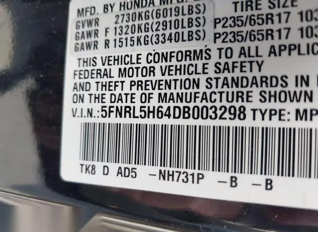 5FNRL5H64DB003298 2013 2013 Honda Odyssey- Ex-L 9