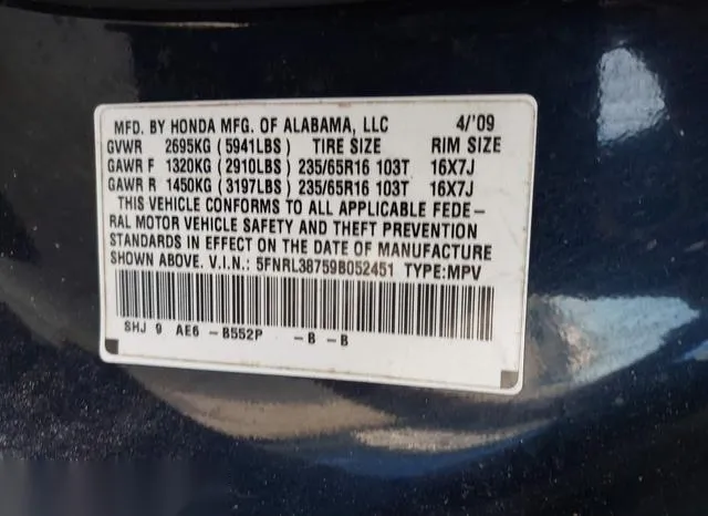 5FNRL38759B052451 2009 2009 Honda Odyssey- Ex-L 9