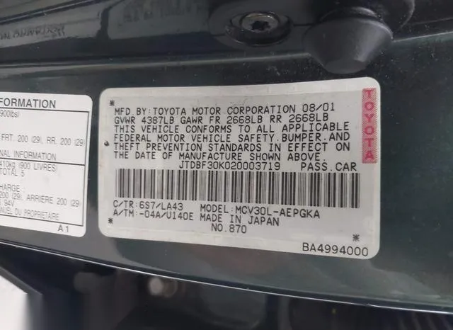 JTDBF30K020003719 2002 2002 Toyota Camry- Le V6/Se V6/Xle V6 9