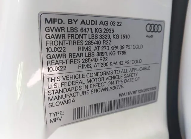 WA1EVBF12ND021929 2022 2022 Audi Q8- Premium Plus 55 Tfsi Q 9