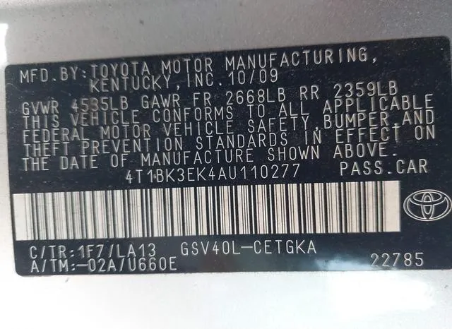 4T1BK3EK4AU110277 2010 2010 Toyota Camry- Xle V6 9