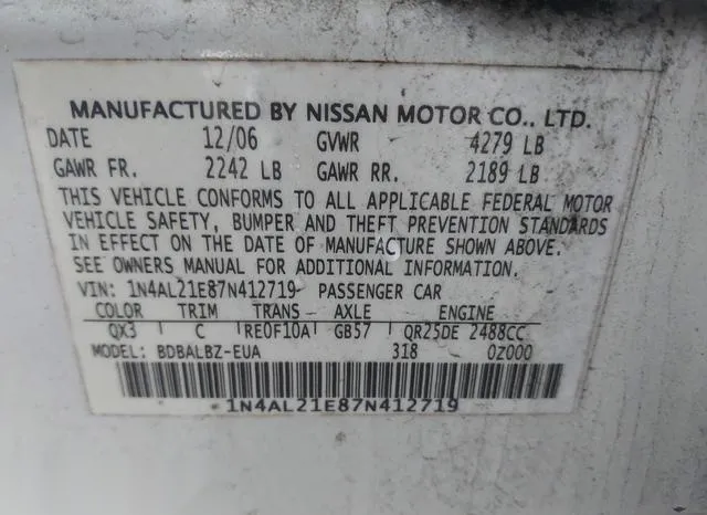 1N4AL21E87N412719 2007 2007 Nissan Altima- 2-5 S 9