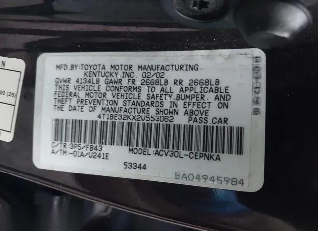 4T1BE32KX2U553062 2002 2002 Toyota Camry- LE 9