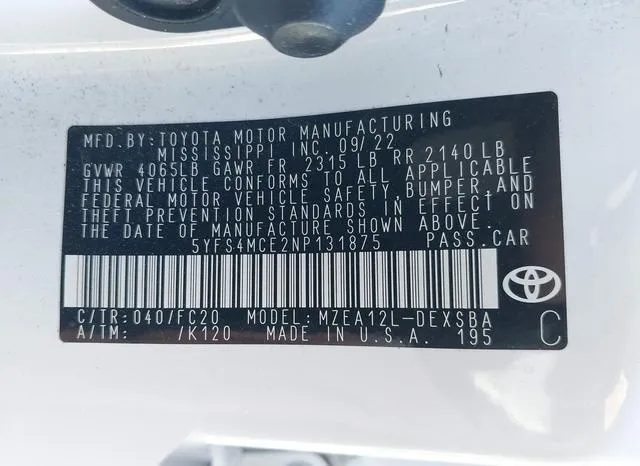 5YFS4MCE2NP131875 2022 2022 Toyota Corolla- SE 9