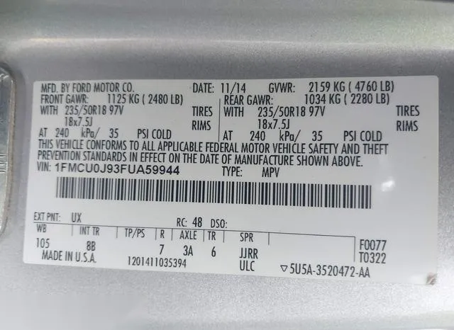 1FMCU0J93FUA59944 2015 2015 Ford Escape- Titanium 9