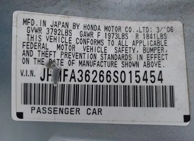 JHMFA36266S015454 2006 2006 Honda Civic- Hybrid 9