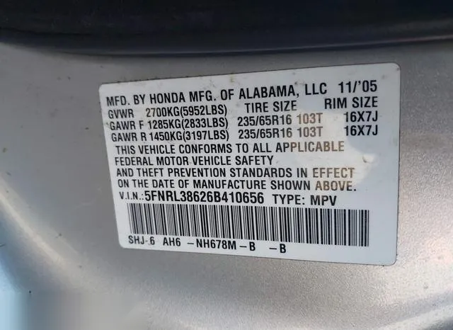 5FNRL38626B410656 2006 2006 Honda Odyssey- Ex-L 9