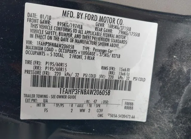 1FAHP3FN8AW206058 2010 2010 Ford Focus- SE 9