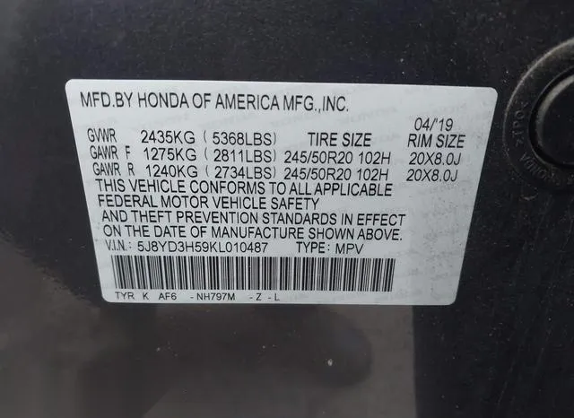 5J8YD3H59KL010487 2019 2019 Acura MDX- Tech Pkg 9