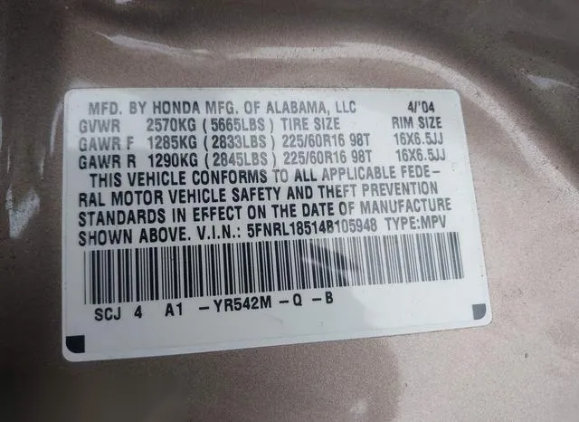 5FNRL18514B105948 2004 2004 Honda Odyssey- LX 9