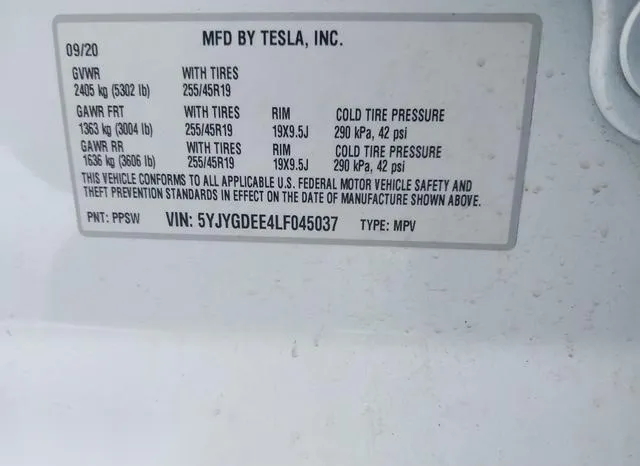 5YJYGDEE4LF045037 2020 2020 Tesla Model Y- Long Range Dual 9