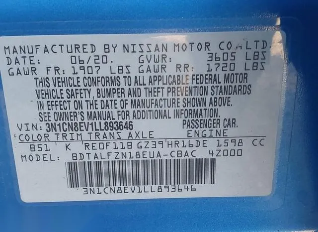 3N1CN8EV1LL893646 2020 2020 Nissan Versa- Sv Xtronic Cvt 9