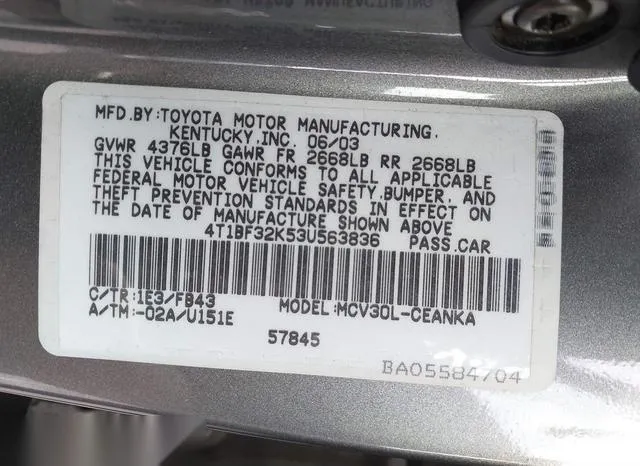 4T1BF32K53U563836 2003 2003 Toyota Camry- Le V6 9