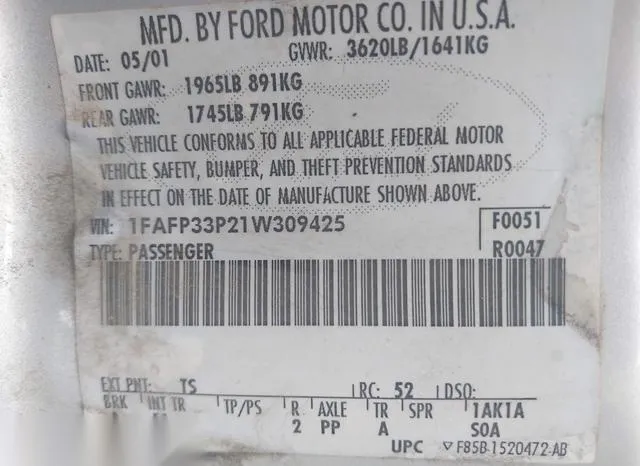 1FAFP33P21W309425 2001 2001 Ford Focus- LX 9