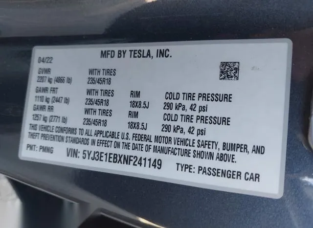 5YJ3E1EBXNF241149 2022 2022 Tesla Model 3- Long Range Dual 9