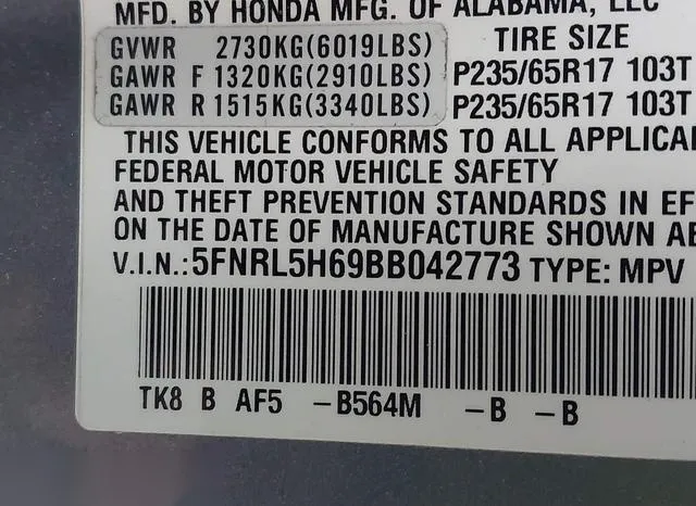 5FNRL5H69BB042773 2011 2011 Honda Odyssey- Ex-L 9