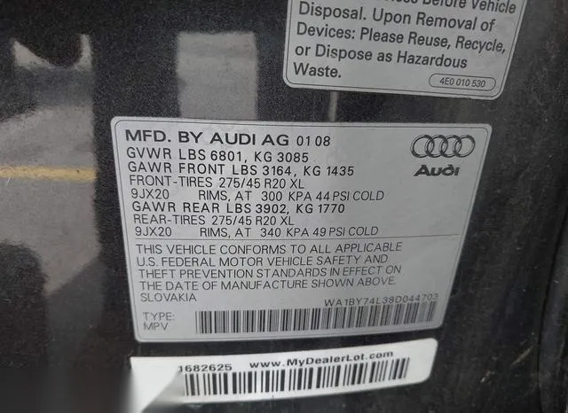 WA1BY74L38D044703 2008 2008 Audi Q7- 3-6 Premium 9