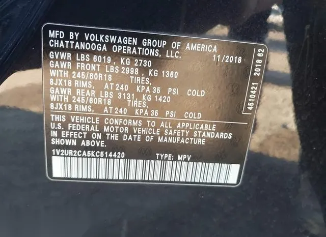 1V2UR2CA5KC514420 2019 2019 Volkswagen Atlas- 3-6L V6 Se W/ 9