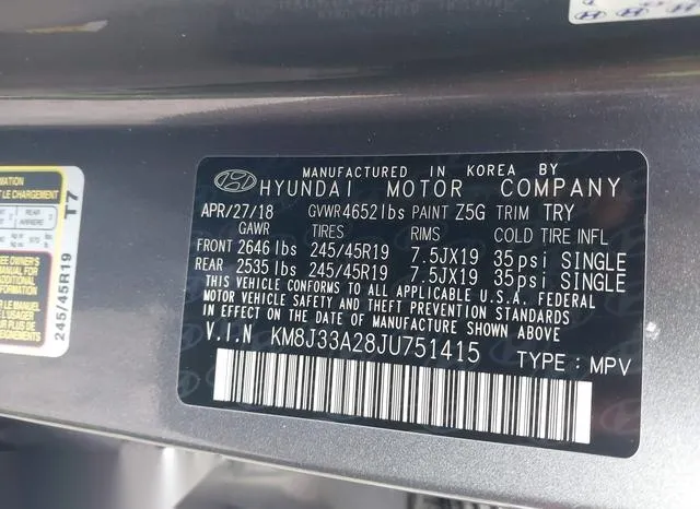 KM8J33A28JU751415 2018 2018 Hyundai Tucson- Value 9