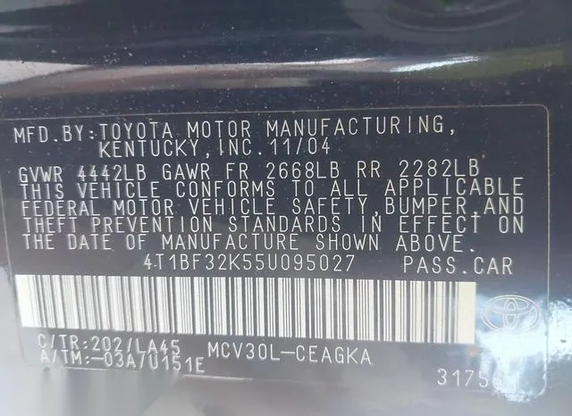 4T1BF32K55U095027 2005 2005 Toyota Camry- Xle V6 9