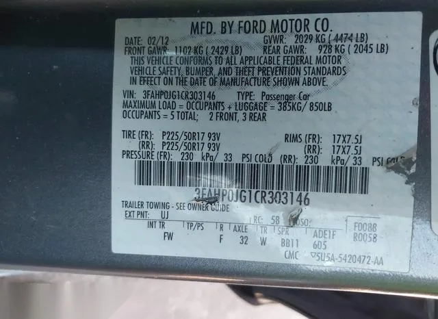 3FAHP0JG1CR303146 2012 2012 Ford Fusion- Sel 9