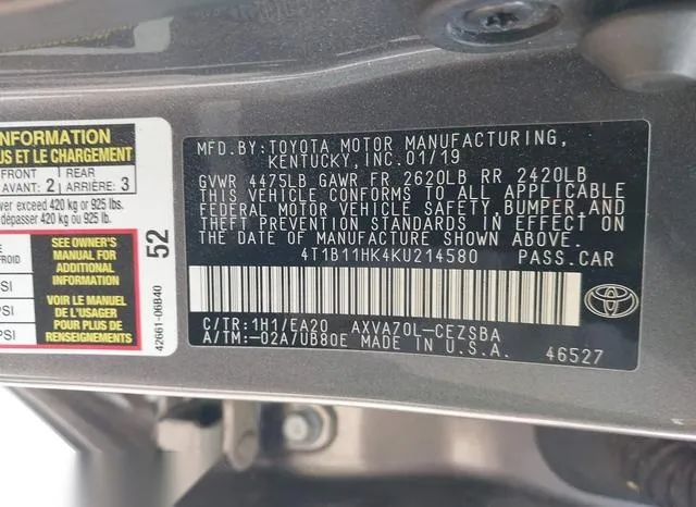 4T1B11HK4KU214580 2019 2019 Toyota Camry- SE 9