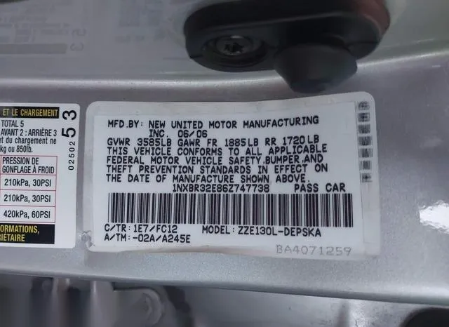 1NXBR32E86Z747738 2006 2006 Toyota Corolla- S 9