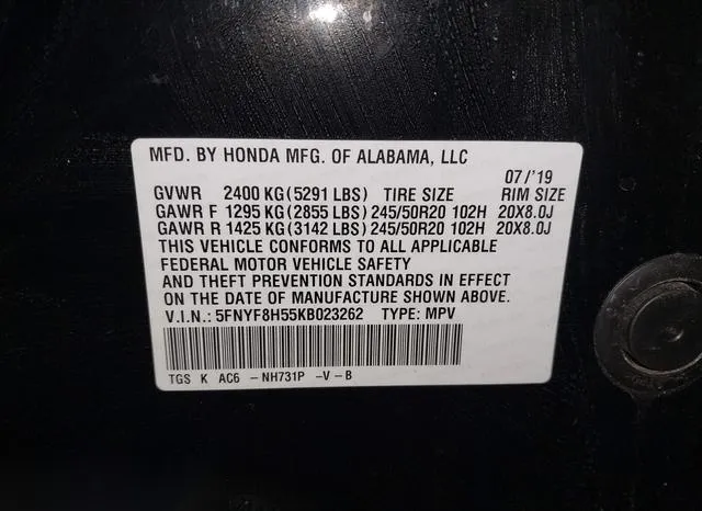 5FNYF8H55KB023262 2019 2019 Honda Passport- Ex-L 9