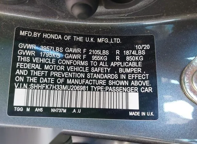 SHHFK7H33MU206981 2021 2021 Honda Civic- LX 9