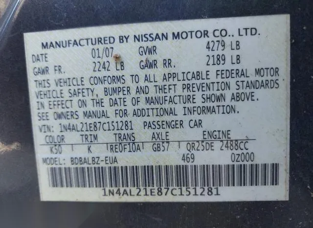 1N4AL21E87C151281 2007 2007 Nissan Altima- 2-5 S 9