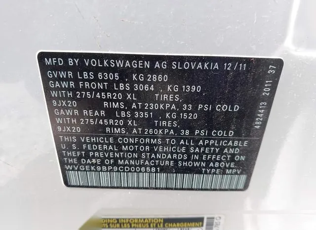 WVGEK9BP9CD006581 2012 2012 Volkswagen Touareg- Tdi Executive 9