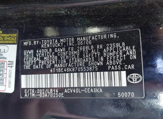 4T1BE46K87U553875 2007 2007 Toyota Camry- SE 9