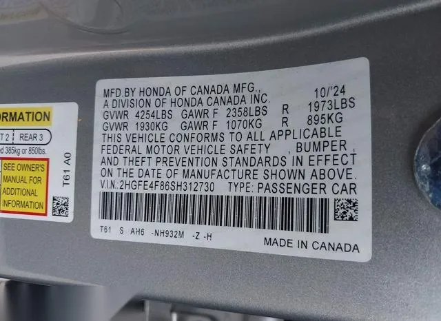 2HGFE4F86SH312730 2025 2025 Honda Civic  Hybrid- Sport/Spor 9