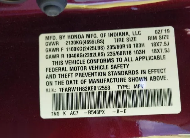 7FARW1H82KE012553 2019 2019 Honda CR-V- Ex-L 9