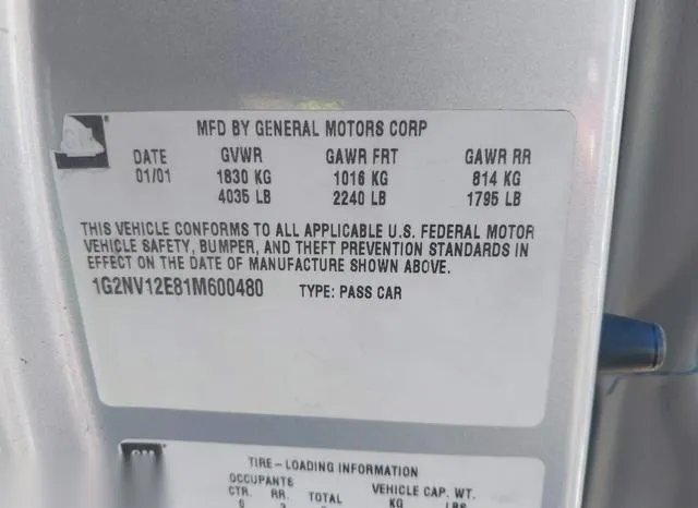 1G2NV12E81M600480 2001 2001 Pontiac Grand- Am GT1 9