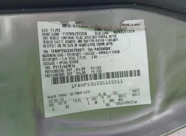 1FAHP53U33G155511 2003 2003 Ford Taurus- SE 9