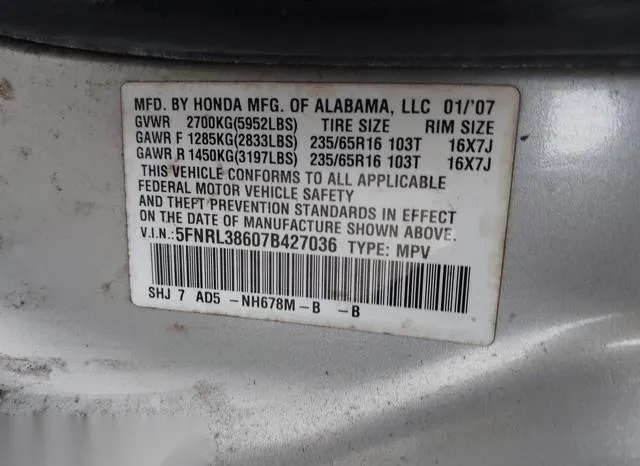 5FNRL38607B427036 2007 2007 Honda Odyssey- Exl 9