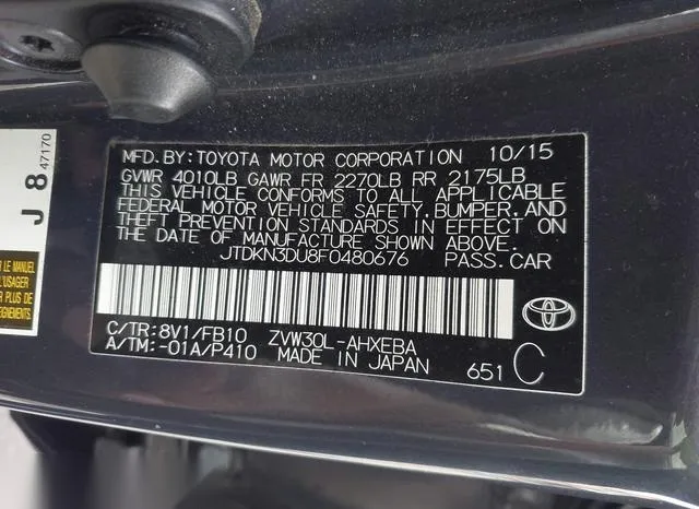 JTDKN3DU8F0480676 2015 2015 Toyota Prius- Two 9