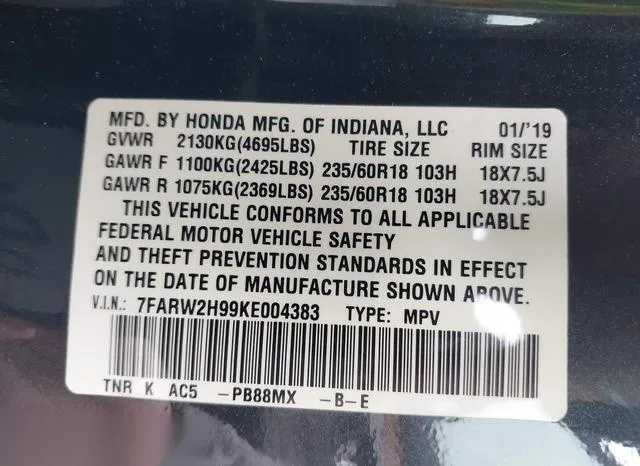 7FARW2H99KE004383 2019 2019 Honda CR-V- Touring 9