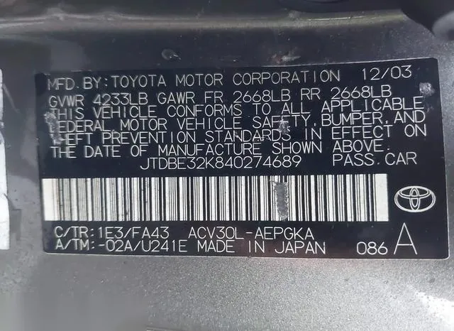 JTDBE32K840274689 2004 2004 Toyota Camry- Xle 9